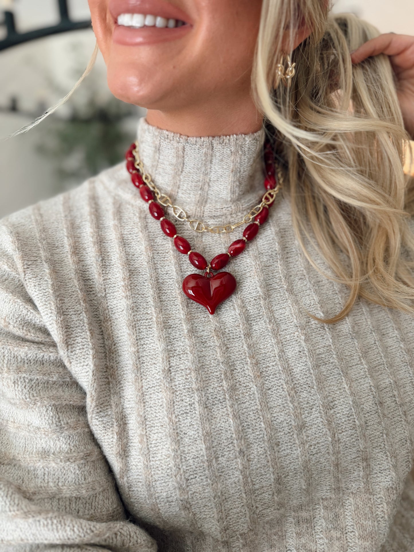 Roxie Red Beaded Necklace with Heart Charm
