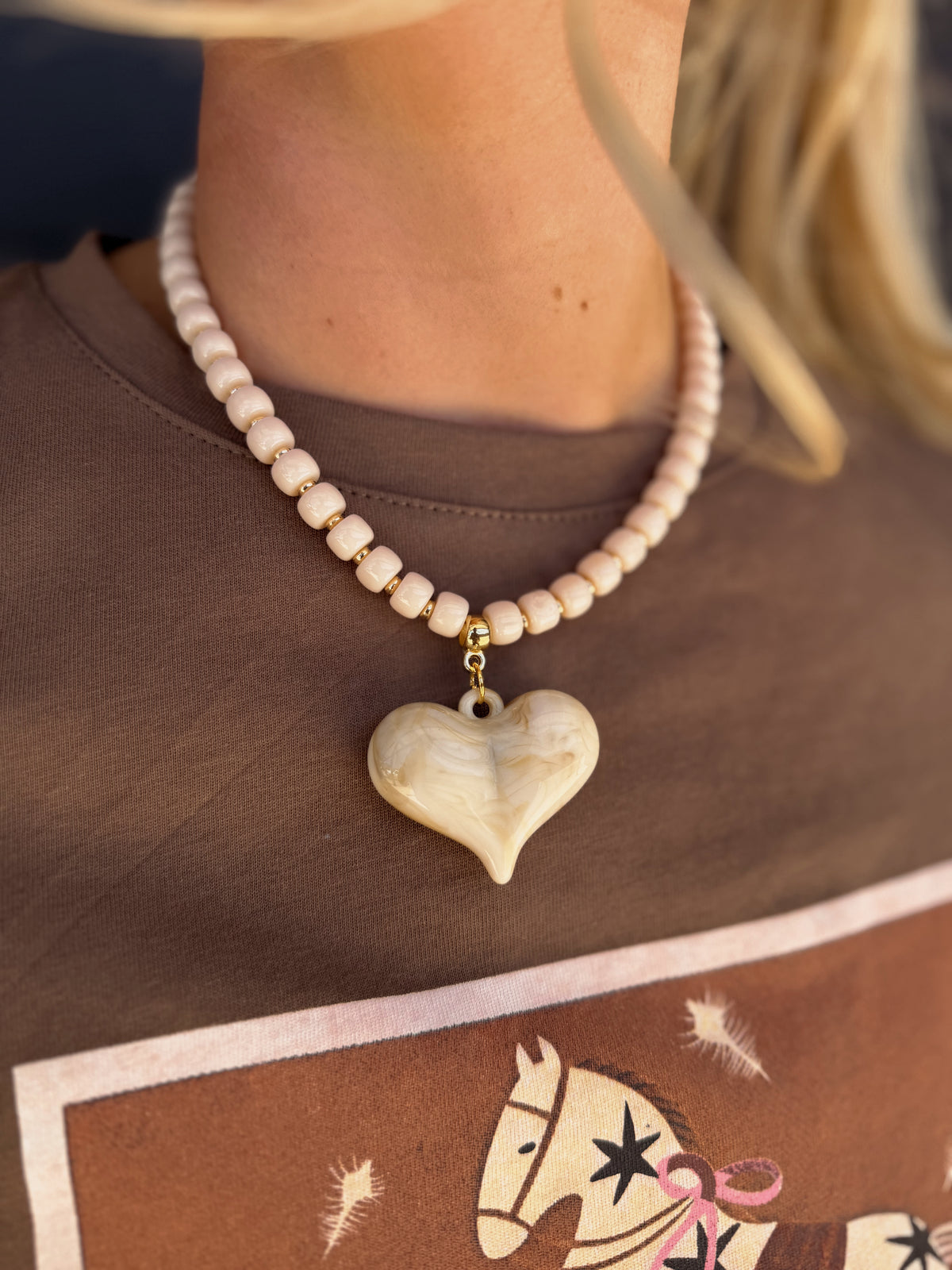 Alanis Pink Beaded Necklace with Heart Charm