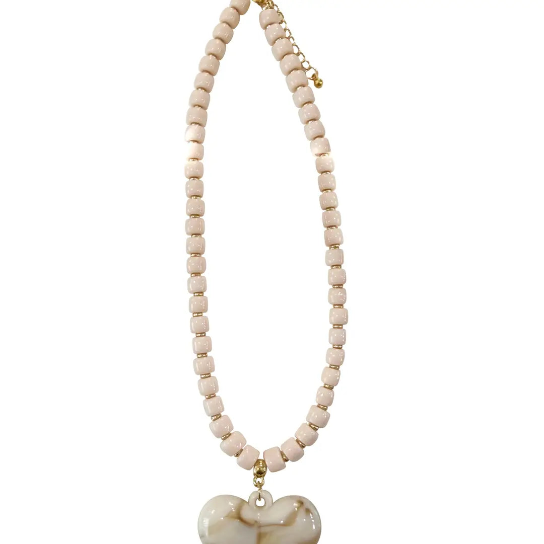 Alanis Pink Beaded Necklace with Heart Charm