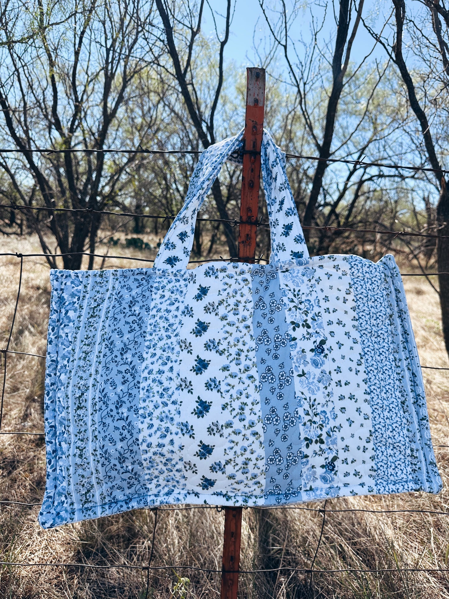 Paige Patchwork Stripe Blue Quilted Tote