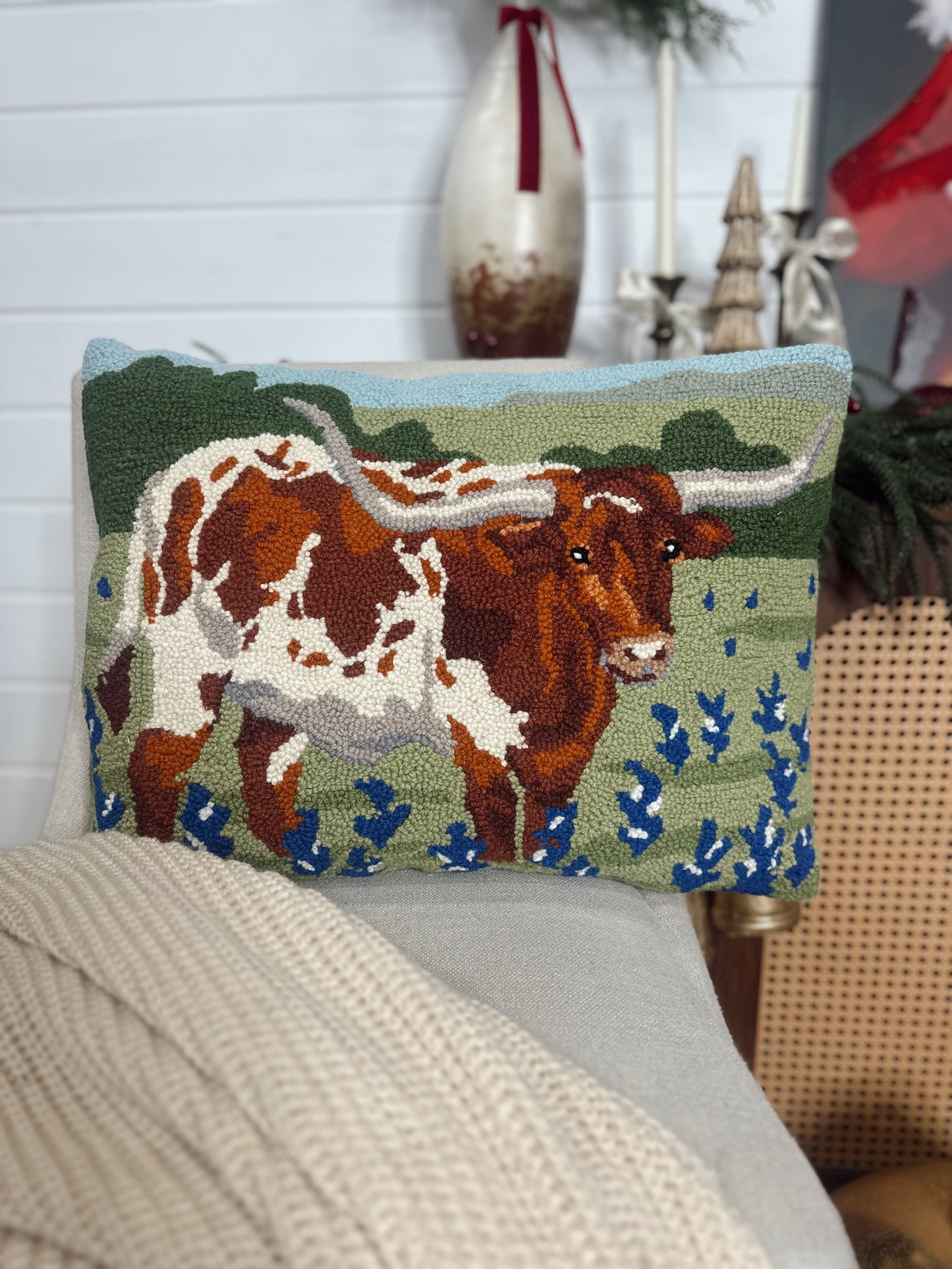 Longhorn in Blue Bonnets Field Hook Pillow