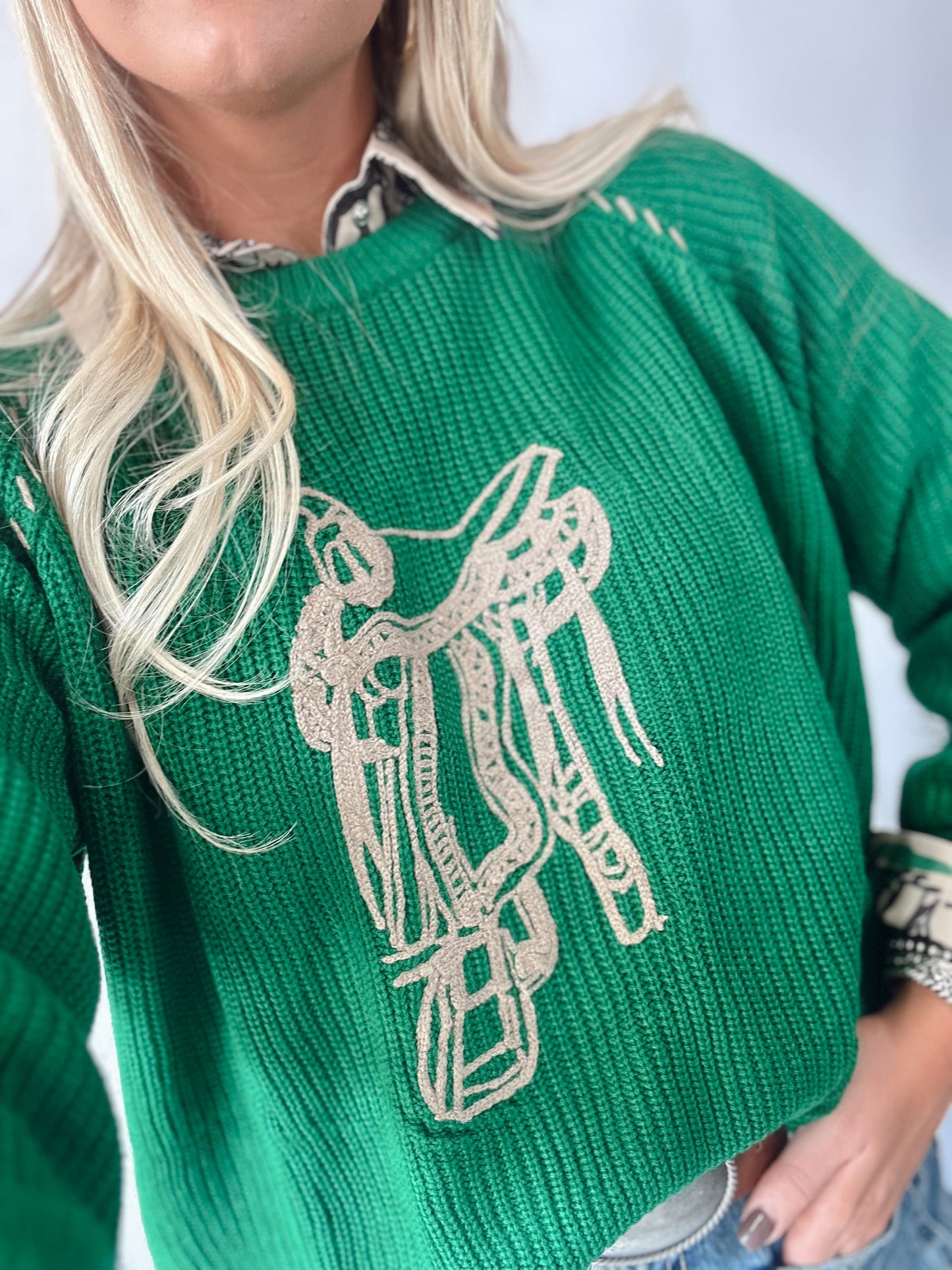 SADDLE STRAPS SWEATER *GREEN