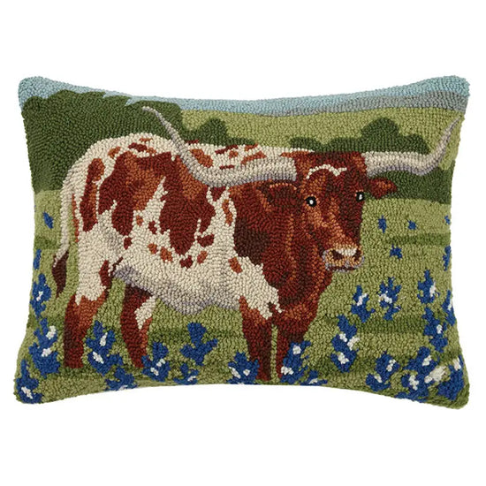 Longhorn in Blue Bonnets Field Hook Pillow