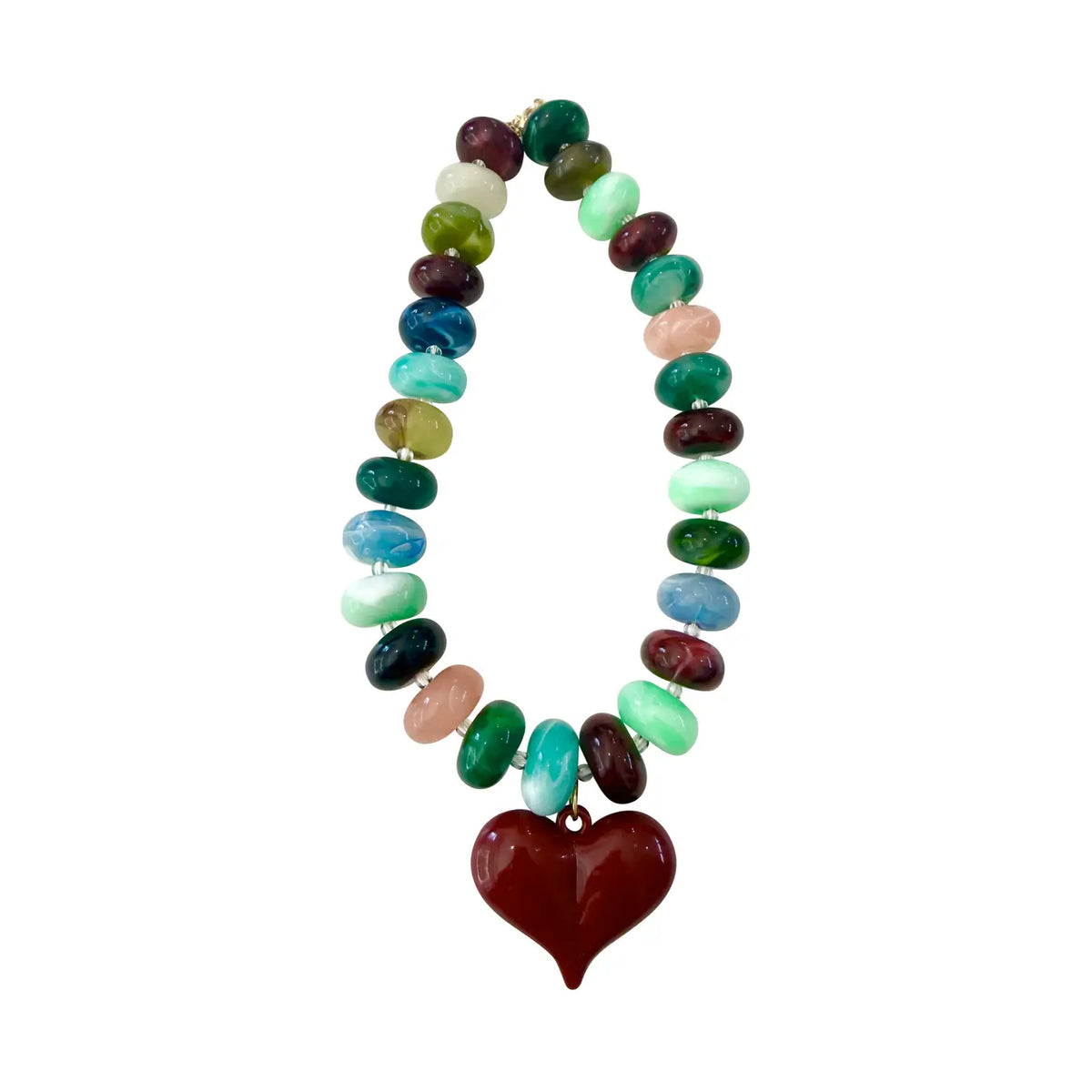 Stanley Chunky Beaded Necklace with Heart Charm - Dark Multi