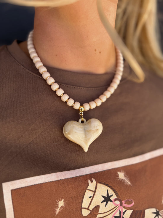 Alanis Pink Beaded Necklace with Heart Charm