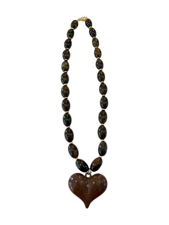 Roxie Brown Beaded Necklace with Heart Charm