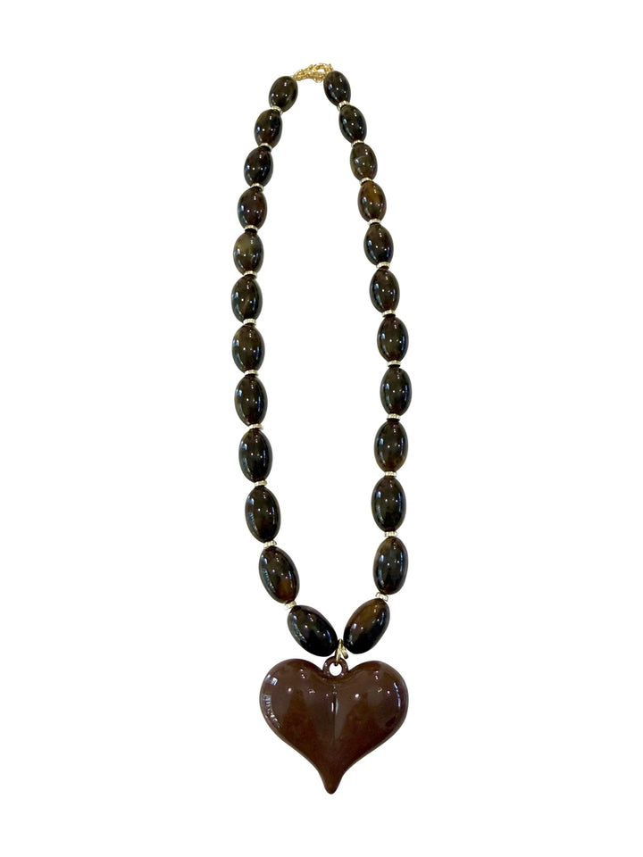 Roxie Brown Beaded Necklace with Heart Charm