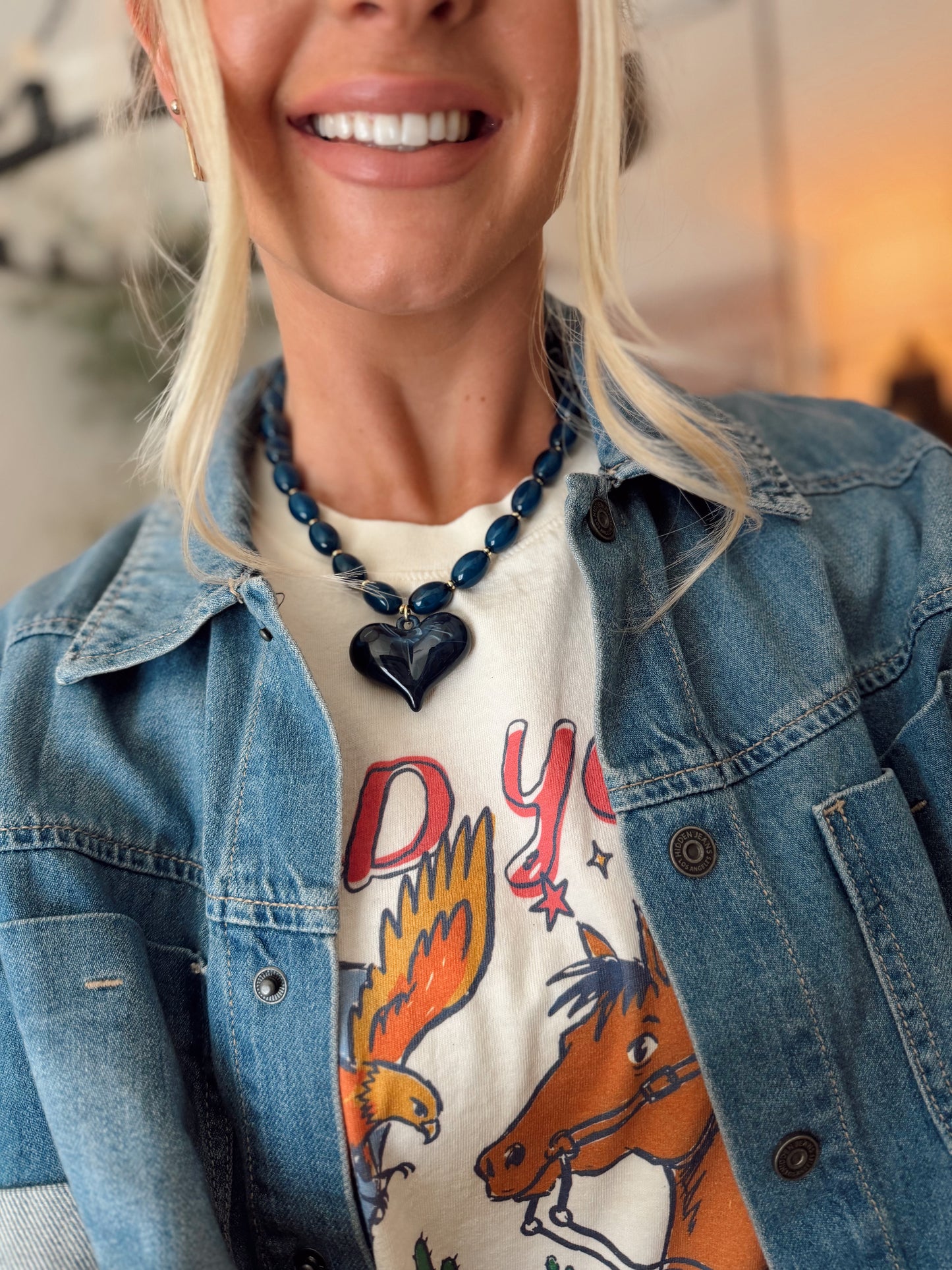 Roxie Navy Beaded Necklace with Heart Charm