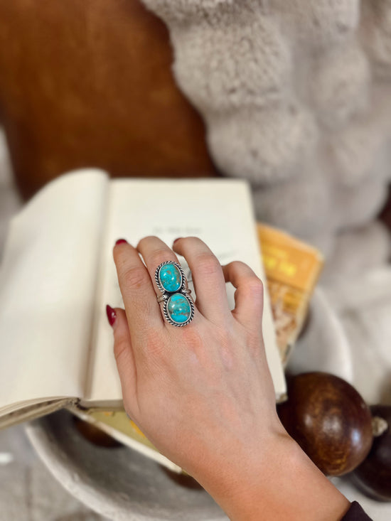Navajo Handmade Kingman Turquoise Adjustable Ring - Eugene Belone
