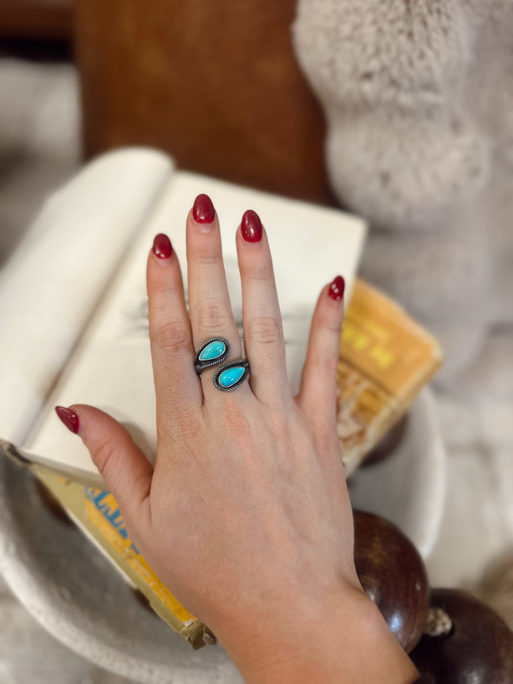Navajo Handmade Kingman Turquoise Adjustable Ring - Kenny Lonjose