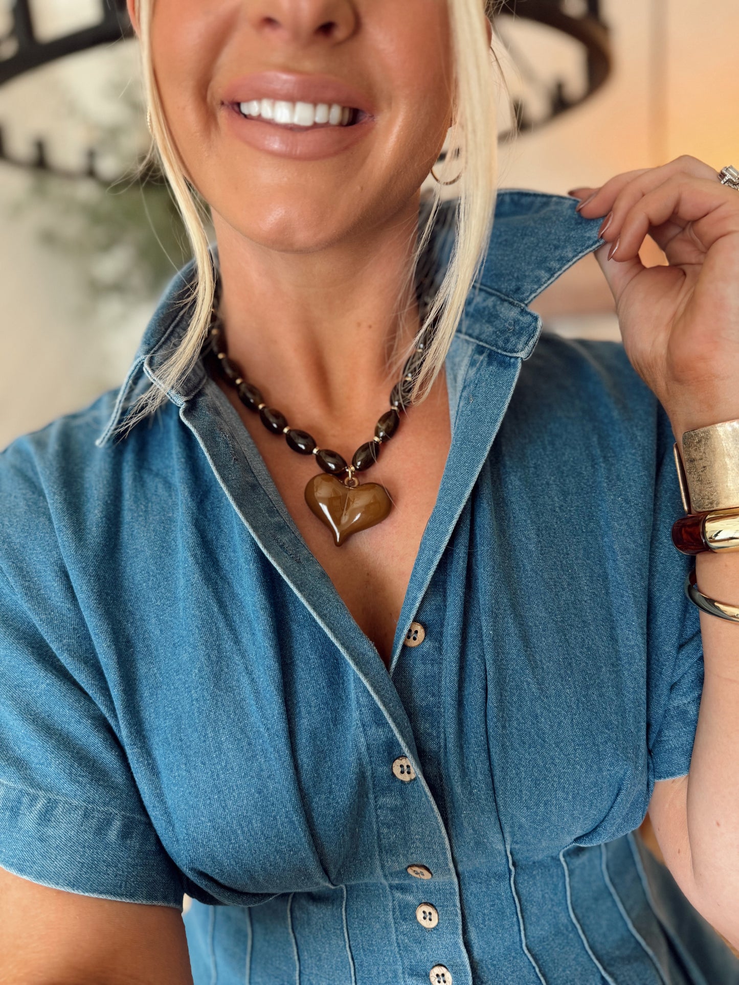 Roxie Brown Beaded Necklace with Heart Charm