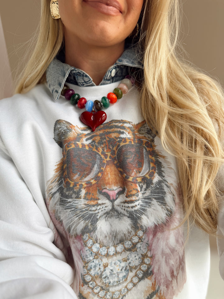 Stanley Chunky Beaded Necklace with Heart Charm - Dark Multi