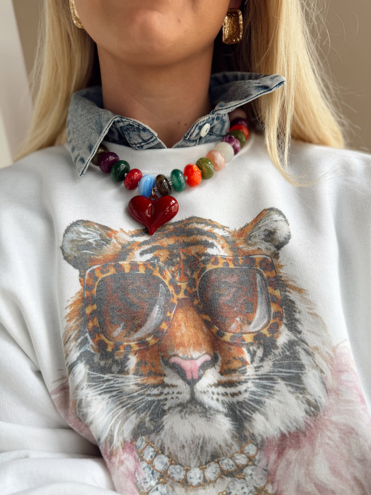 Stanley Chunky Beaded Necklace with Heart Charm - Dark Multi