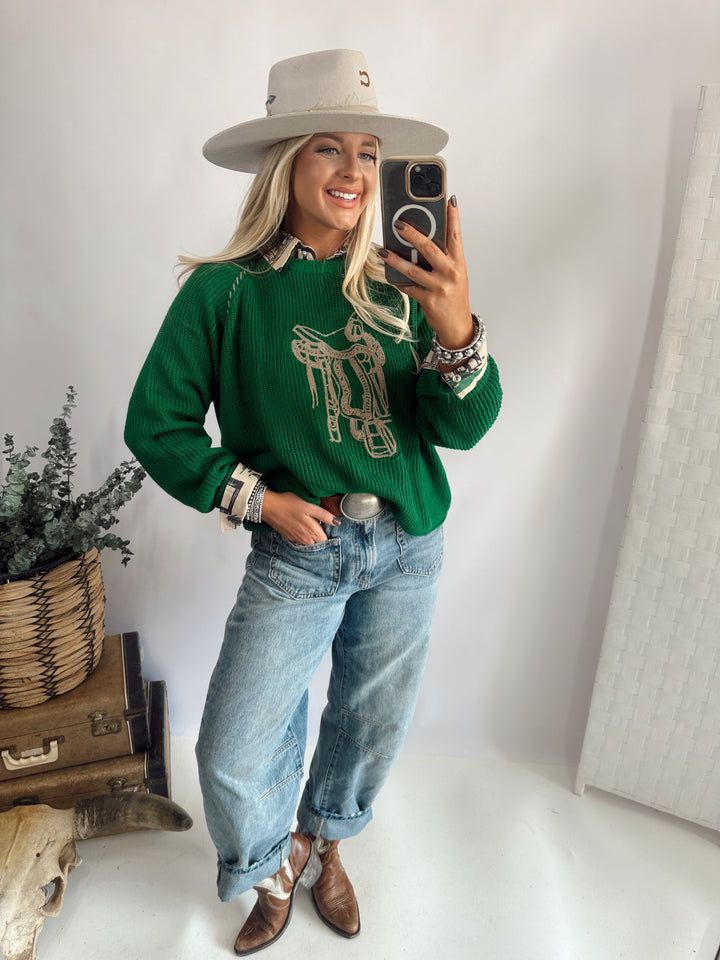 SADDLE STRAPS SWEATER *GREEN