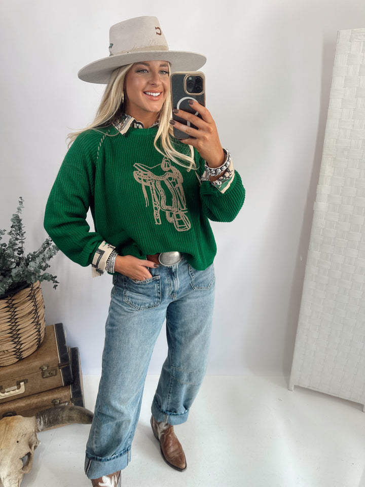SADDLE STRAPS SWEATER *GREEN
