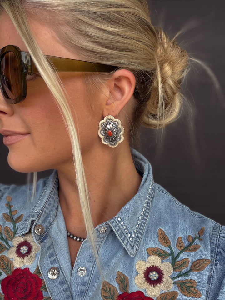 Navajo Handmade Red Coral Earrings - Lavina Benally