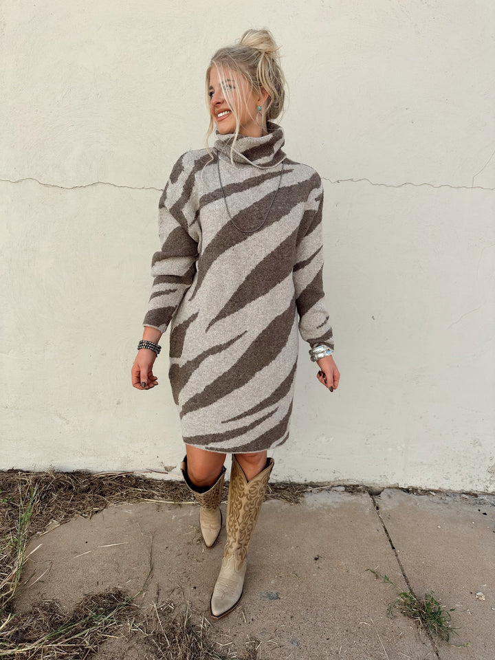 Zebra Print Turtleneck Long Sleeve Sweater Dress