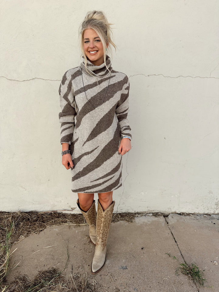 Zebra Print Turtleneck Long Sleeve Sweater Dress