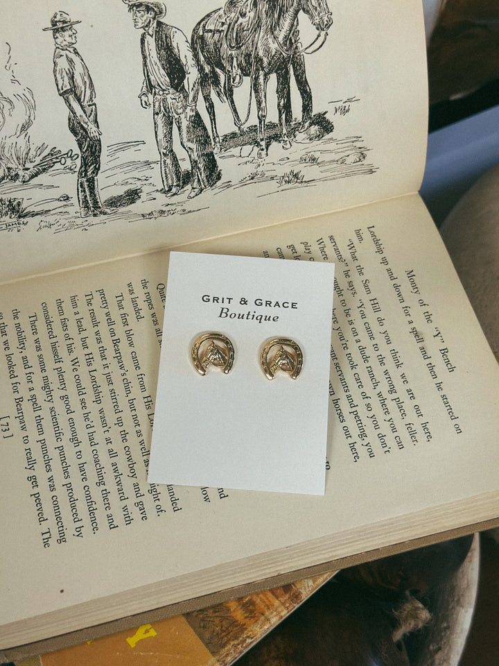 Horseshoe Horse Stud Earrings *Gold