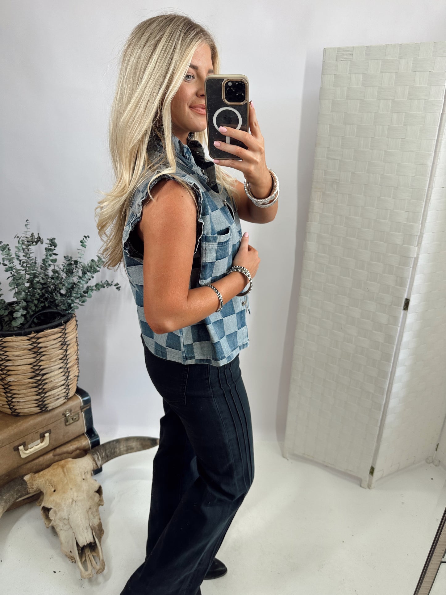 LAINEY CHECKER DENIM VEST