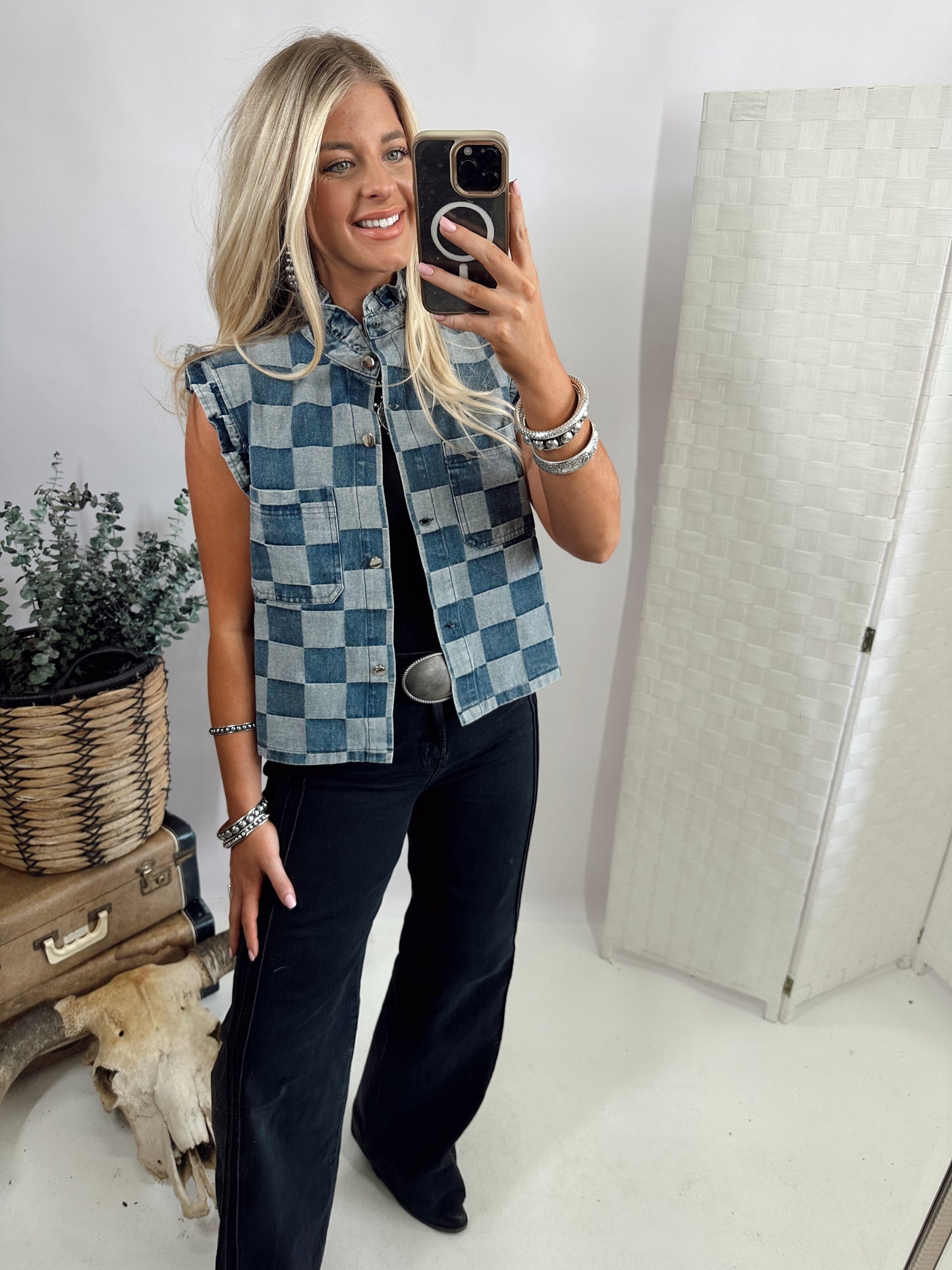 LAINEY CHECKER DENIM VEST
