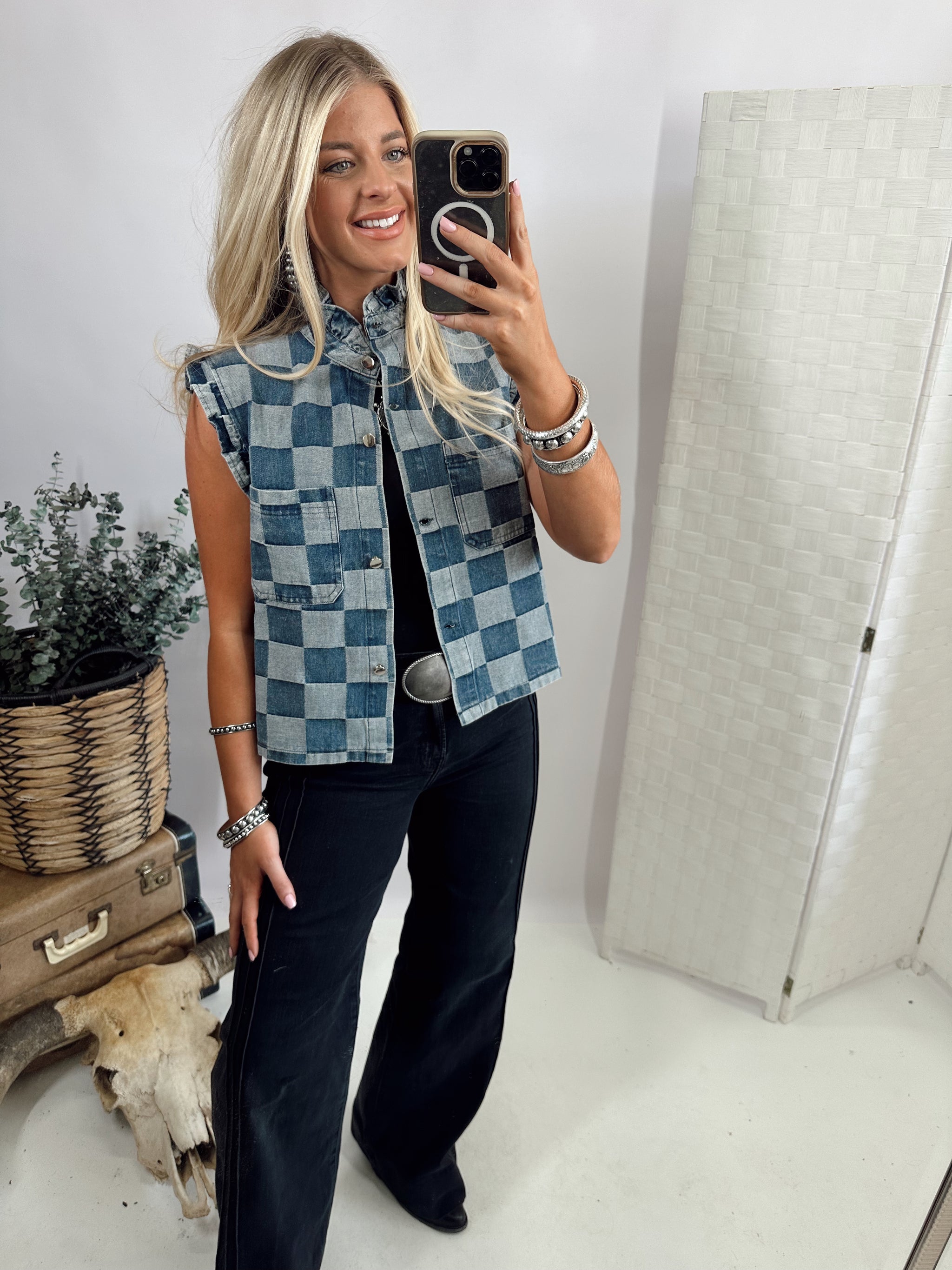 LAINEY CHECKER DENIM VEST