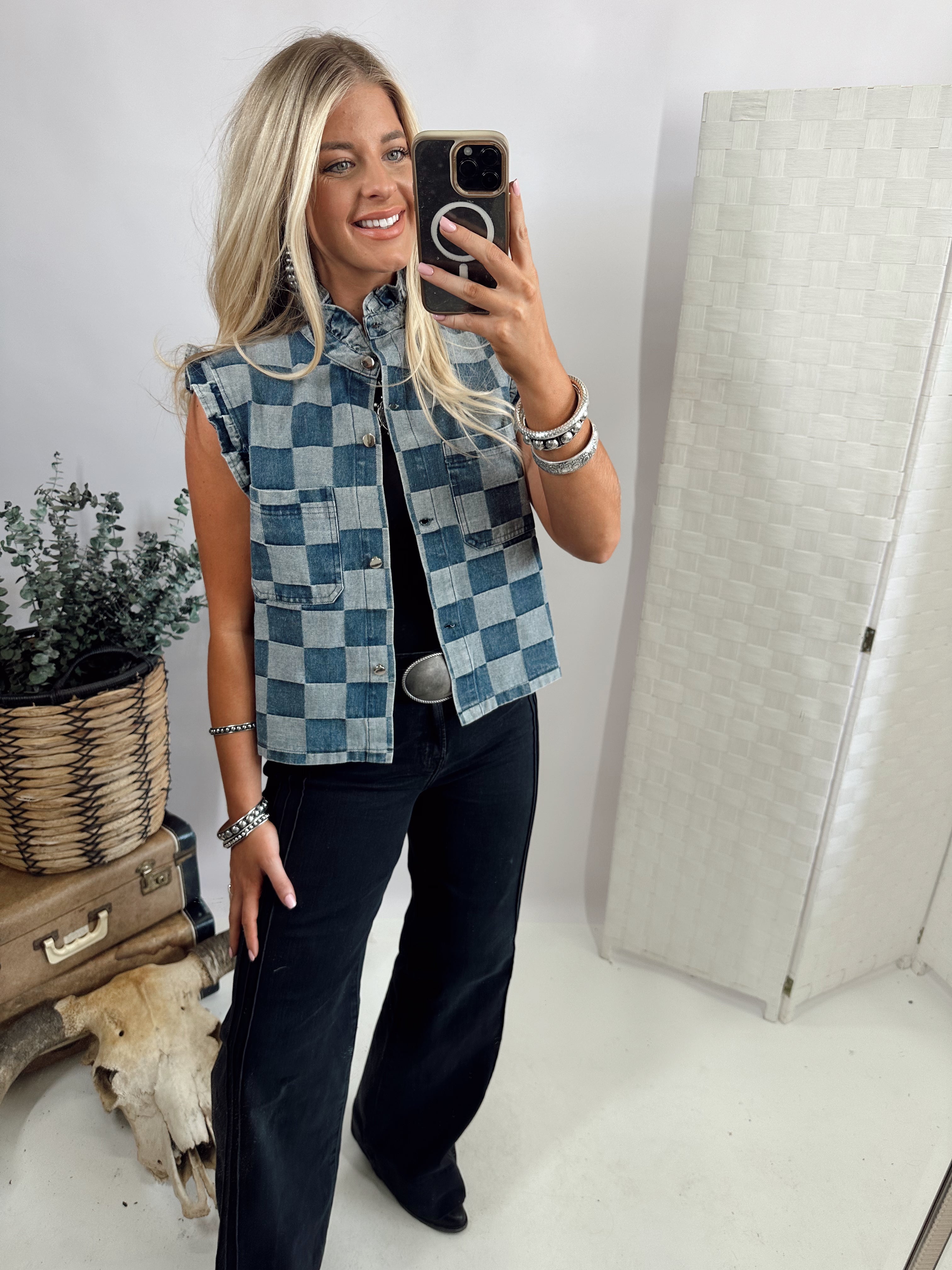 LAINEY CHECKER DENIM VEST