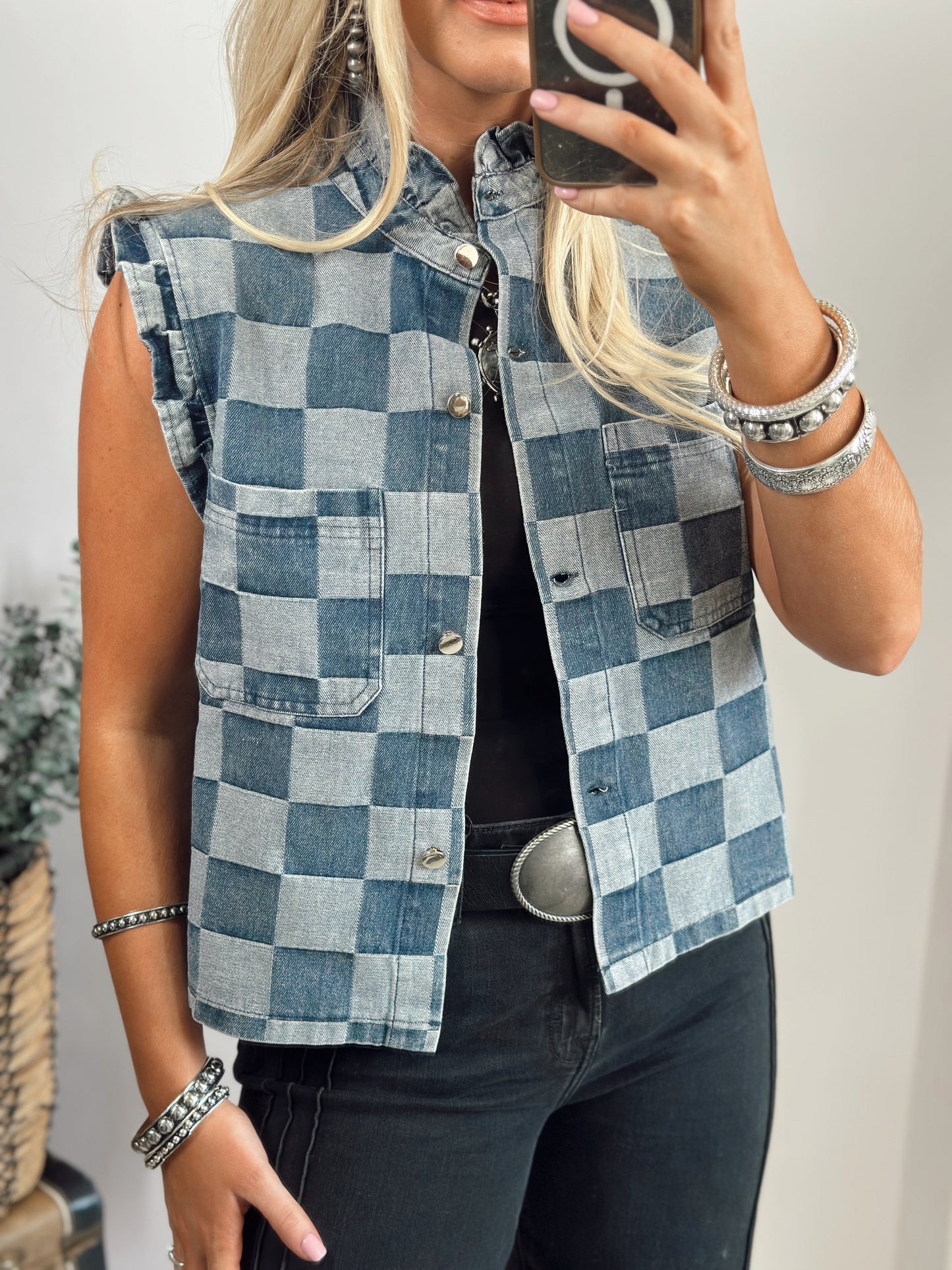 LAINEY CHECKER DENIM VEST