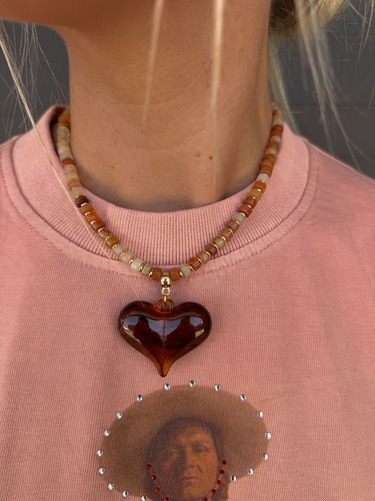 Alanis Tortoise Beaded Necklace with Heart Charm
