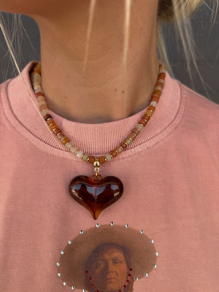Alanis Tortoise Beaded Necklace with Heart Charm