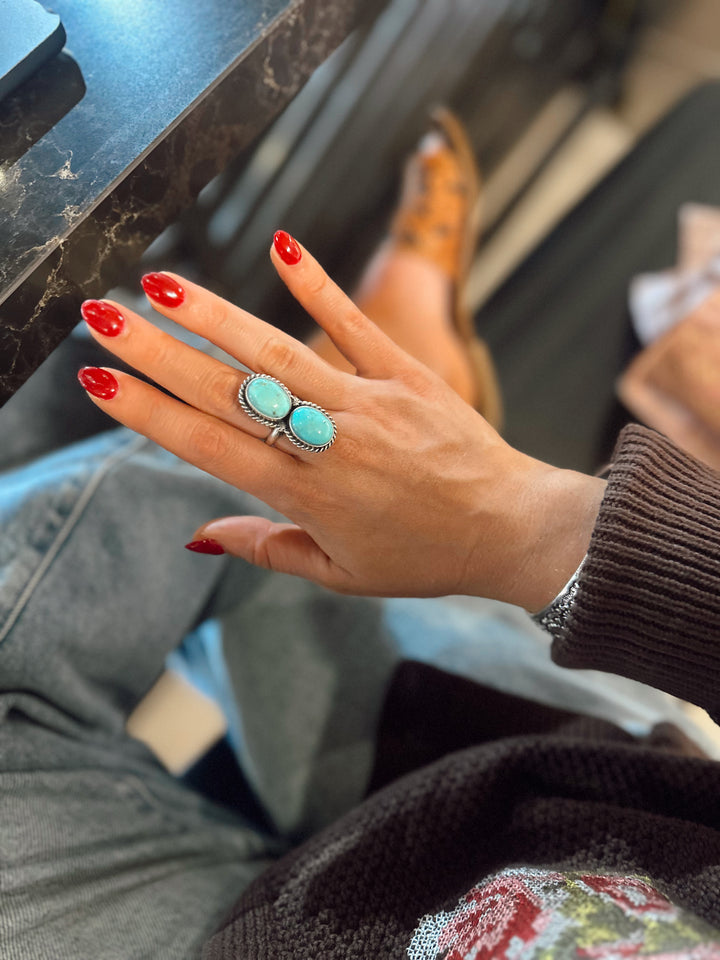 Navajo Handmade Kingman Turquoise Adjustable Ring - Eugene Belone
